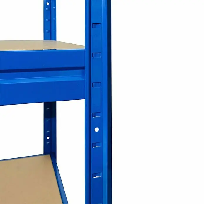 Floordirekt Schwerlastregal - H x B x T: 200 x 150 x 60 cm, Traglast pro Boden: 400 kg, Anzahl Böden: 4 Stk., Stecken, Blau - Nahaufnahme eines blauen Metallregals mit stabilen Regalböden und verstellbaren Höhen für flexible Lagerung.