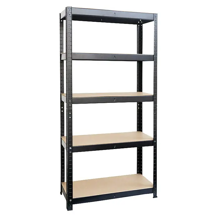 Floordirekt Schwerlastregal Titanrack - H x B x T: 200 x 120 x 60 cm, Traglast pro Boden: 175 kg, Anzahl Böden: 5 Stk., Stecken, Schwarz - Ein stabiles, schwarzes Metallregal mit fünf Holzböden, ideal für Lagerung und Organisation in Garage oder Keller. Das Regal bietet viel Stauraum.