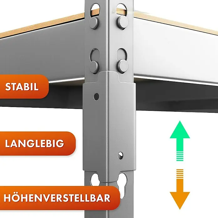 Floordirekt Schwerlastregal Rhino - H x B x T: 180 x 90 x 60 cm, Traglast pro Boden: 210 kg, Anzahl Böden: 5 Stk., Stecken, Silber - Detailansicht eines robusten, langlebigen und höhenverstellbaren Regalsystems, ideal für Lagerung.