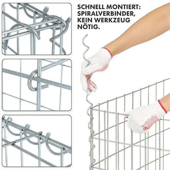 Floordirekt Gabione Lenox - 30 x 100 x 50 cm, Stahl, Maschenbreite: 10 cm, Maschenhöhe: 5 cm - Gabionen-Drahtverbinder werden ohne Werkzeug schnell montiert. Der Spiralverbinder sorgt für Stabilität und einfache Handhabung beim Gabionenbau.