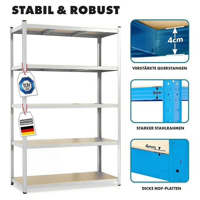 Floordirekt Schwerlastregal Set Lakota (H x B x T: 200 x 100 x 50 cm, 2 Stk., Traglast pro Boden: 175 kg, Anzahl Böden: 5 Stk., Stecken, Silber) | BAUHAUS