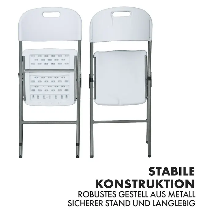 Floordirekt Klappstuhl Okinawa - Kunststoff, Klappbar, Weiß, B x T x H: 46 x 57 x 83 cm - Zwei weiße Klappstühle, einer zusammengeklappt, einer aufgeklappt, auf schwarzem Hintergrund.