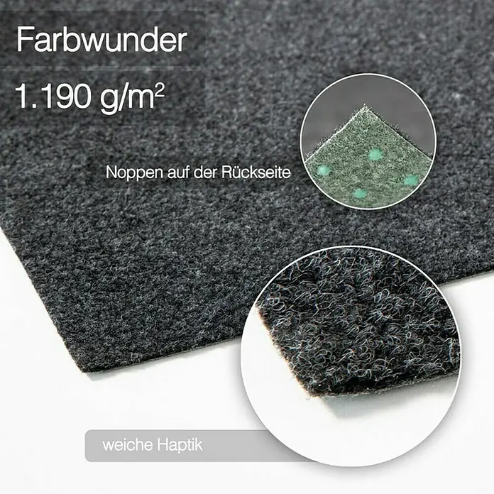 Rasenteppich Farbwunder - 1.800 x 200 cm, Schwarz, Mit Drainagenoppen - Farbaufnahme einer grauen Filzmatte mit Detailansichten der Ober- und Unterseite. Die Matte wiegt 1.190 g/m² und hat eine weiche Haptik.