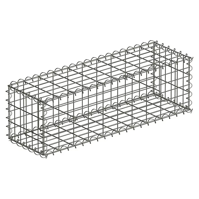 Floordirekt Gabione Lenox - 30 x 100 x 30 cm, Stahl, Maschenbreite: 10 cm, Maschenhöhe: 5 cm - Draufsicht auf einen Gabionenkorb, ein Drahtgitterbehälter, der mit Steinen oder anderen Materialien befüllt wird, um Stützmauern oder dekorative Elemente zu schaffen.