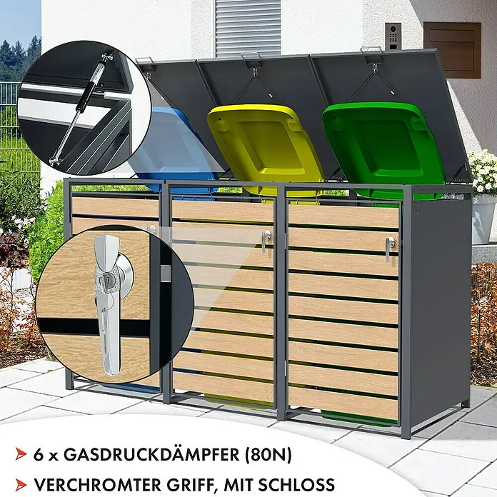 Floordirekt Mülltonnenbox Johan - Stahl, Anthrazit/Braun, Geeignet für Anzahl Mülltonnen: 3 Stk. - Mülltonnenbox für drei Mülltonnen mit Gasdruckdämpfern und verchromten Griffen mit Schloss.