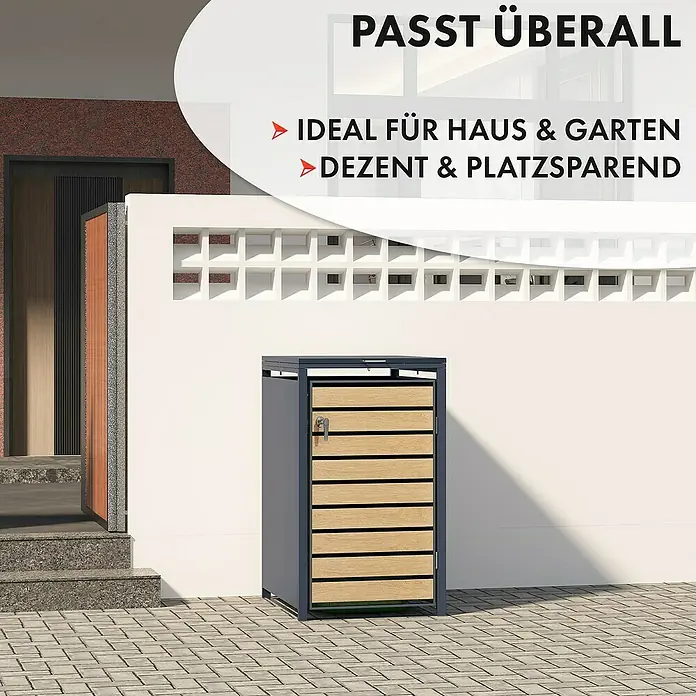 Floordirekt Mülltonnenbox Johan - Stahl, Anthrazit/Braun, Geeignet für Anzahl Mülltonnen: 1 Stk. - Das Bild zeigt einen grauen Mülltonnenbox mit Holzdetails, ideal für Haus und Garten, platzsparend und dezent.