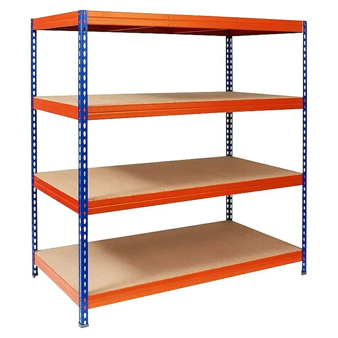 Floordirekt Schwerlastregal - H x B x T: 200 x 150 x 60 cm, Traglast pro Boden: 400 kg, Anzahl Böden: 4 Stk., Stecken, Blau/Orange - Regal mit vier Regalböden. Das Regal hat blaue Pfosten und orangefarbene Regalböden.