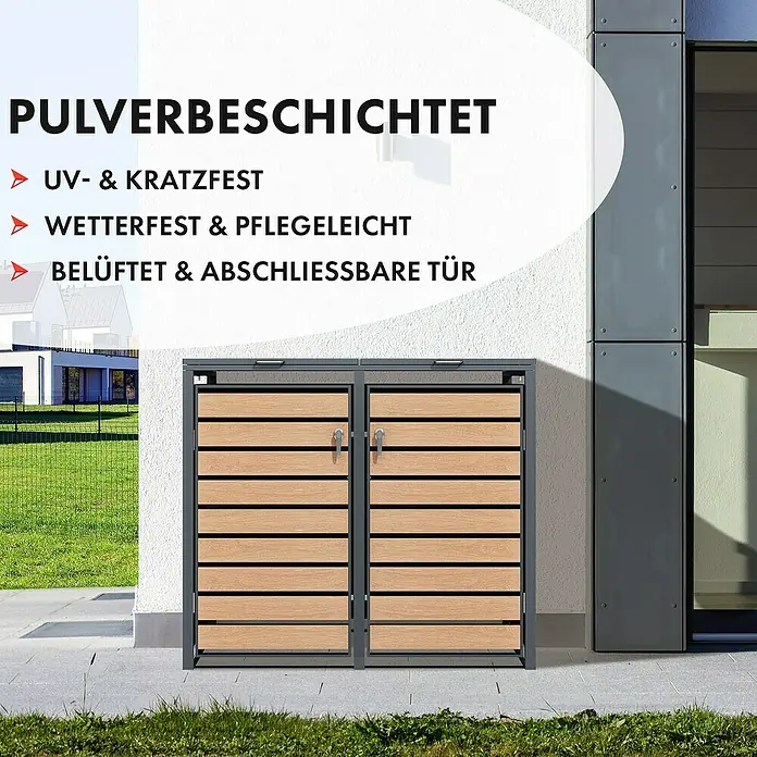 Floordirekt Mülltonnenbox Johan - Stahl, Anthrazit/Braun, Geeignet für Anzahl Mülltonnen: 2 Stk. - Pulverbeschichtete Mülltonnenbox mit abschließbarer Tür, UV- und Kratzfest, wetterfest und pflegeleicht für den Außenbereich.