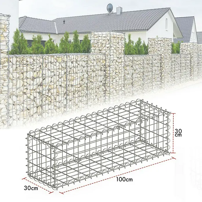 Floordirekt Gabione Lenox - 30 x 100 x 30 cm, Stahl, Maschenbreite: 10 cm, Maschenhöhe: 5 cm - Gabione mit den Maßen 100x30x30cm zur dekorativen Gartengestaltung und als Sichtschutz.