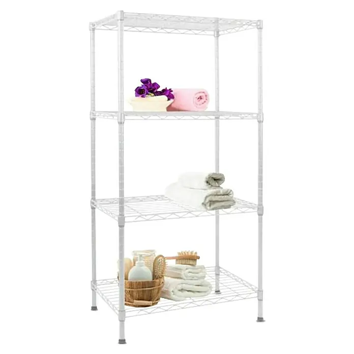 Floordirekt Gitterregal Rocky - H x B x T: 110 x 35 x 55 cm, Traglast pro Boden: 50 kg, Anzahl Böden: 4 Stk., Stecken, Weiß - Bild eines weißen Regalwagens mit Badutensilien. Das Regal verfügt über vier Ebenen zur Aufbewahrung von Handtüchern und Dekorationen.