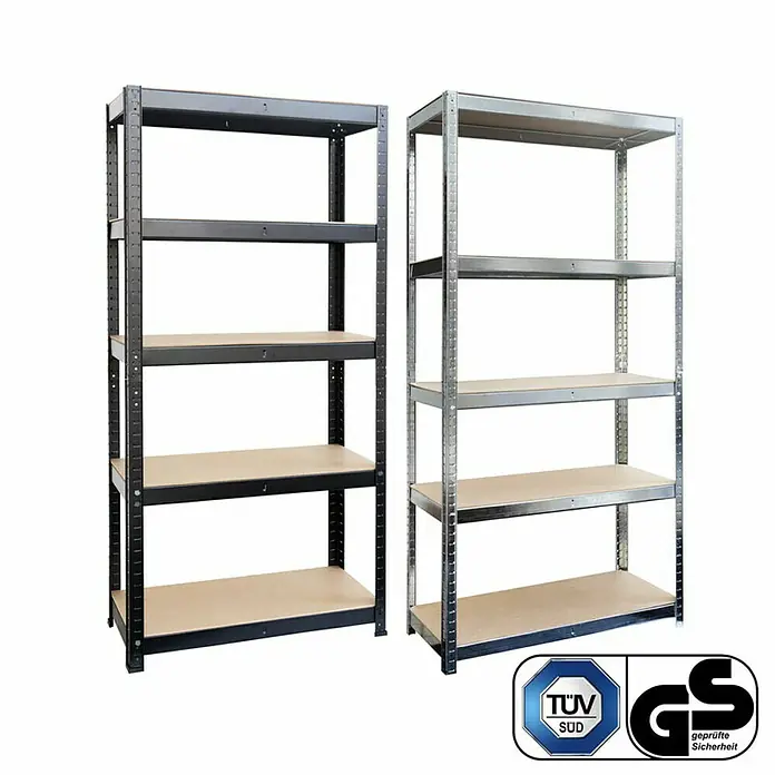 Floordirekt Schwerlastregal Titanrack - H x B x T: 150 x 75 x 30 cm, Traglast pro Boden: 175 kg, Anzahl Böden: 5 Stk., Stecken, Schwarz - Zwei Metallregale mit Holzregalböden in Schwarz und Silber. Das Produkt ist TÜV-geprüft und bietet hohe Sicherheit.