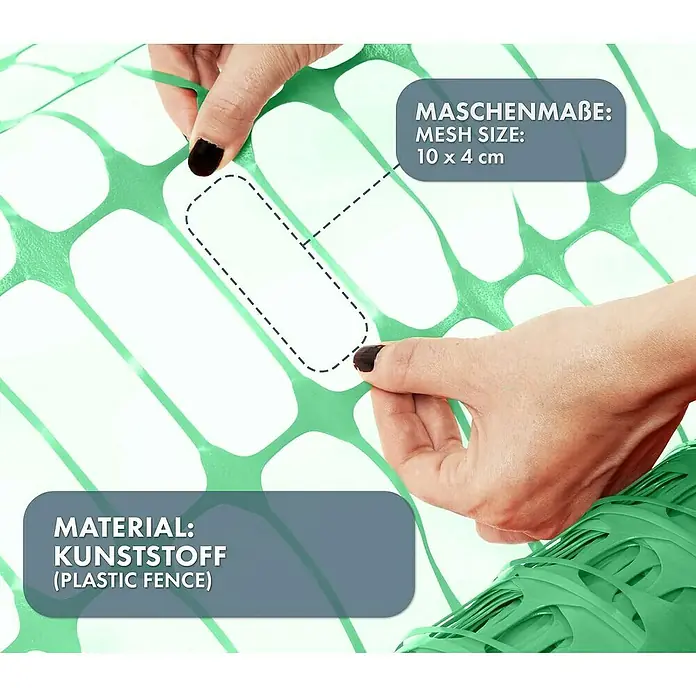 Floordirekt Absperrgitter Chester - 3.000 x 100 cm, Kunststoff, Grün - Nahaufnahme eines grünen Kunststoffzauns mit Maschen der Größe 10 x 4 cm. Das Material ist Kunststoff.