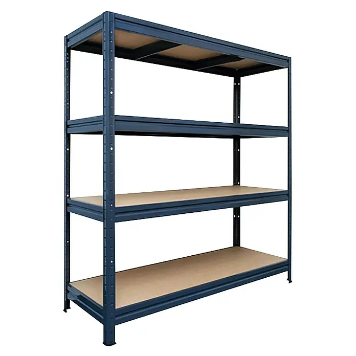 Floordirekt Schwerlastregal - H x B x T: 177 x 200 x 60 cm, Traglast pro Boden: 400 kg, Anzahl Böden: 4 Stk., Stecken, Grau - Abbildung eines blauen Metallregals mit vier Regalböden, ideal für Lagerung und Organisation.