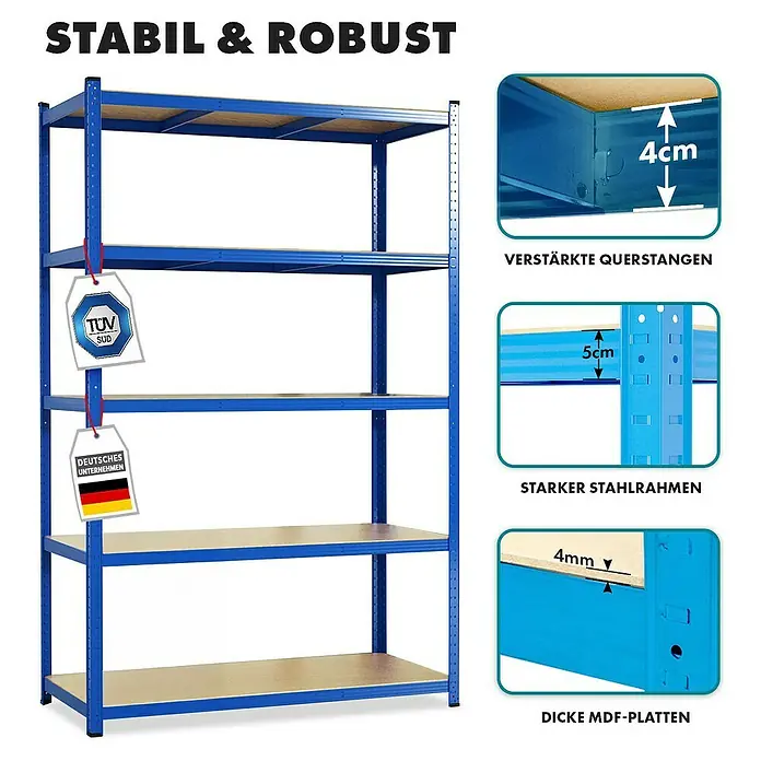 Floordirekt Schwerlastregal Titanrack - H x B x T: 180 x 90 x 40 cm, Traglast pro Boden: 175 kg, Anzahl Böden: 5 Stk., Stecken, Blau - Stabiles und robustes blaues Lagerregal mit fünf Ebenen, MDF-Platten und Detailansichten der verstärkten Querstangen und des Stahlrahmens.