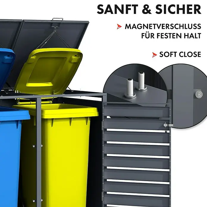 Floordirekt Mülltonnenbox Magnus - Stahl, Anthrazit, Geeignet für Anzahl Mülltonnen: 2 Stk. - Bild einer Mülltonnenbox mit blauen und gelben Mülltonnen. Die Box verfügt über einen Magnetverschluss und Soft-Close-Funktion für sanftes Schließen.