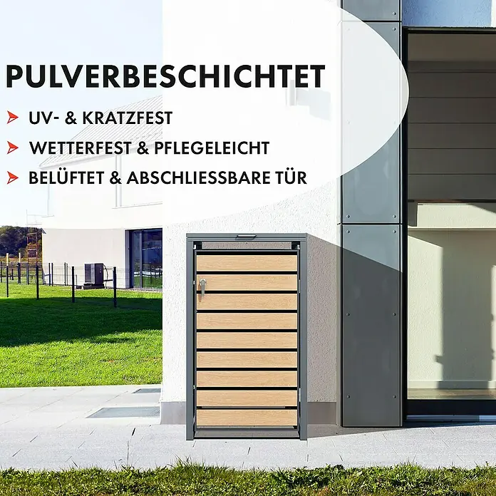 Floordirekt Mülltonnenbox Johan - Stahl, Anthrazit/Braun, Geeignet für Anzahl Mülltonnen: 1 Stk. - Die Mülltonnenbox ist pulverbeschichtet, UV- und kratzfest, wetterfest und pflegeleicht, belüftet und hat eine abschließbare Tür.