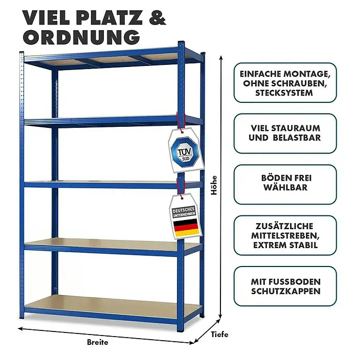 Floordirekt Schwerlastregal Titanrack - H x B x T: 180 x 90 x 40 cm, Traglast pro Boden: 175 kg, Anzahl Böden: 5 Stk., Stecken, Blau - Lagerregal mit viel Platz und Ordnung. Einfache Montage ohne Schrauben. Böden frei wählbar. Zusätzliche Mittelstreben und Fußboden Schutzkappen.