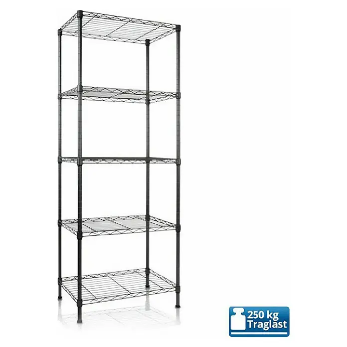 Floordirekt Gitterregal Rocky - H x B x T: 200 x 45 x 90 cm, Traglast pro Boden: 50 kg, Anzahl Böden: 5 Stk., Stecken, Weiß - Das Bild zeigt ein schwarzes Metallregal mit fünf Ablageflächen, ideal für Lagerung und Organisation.