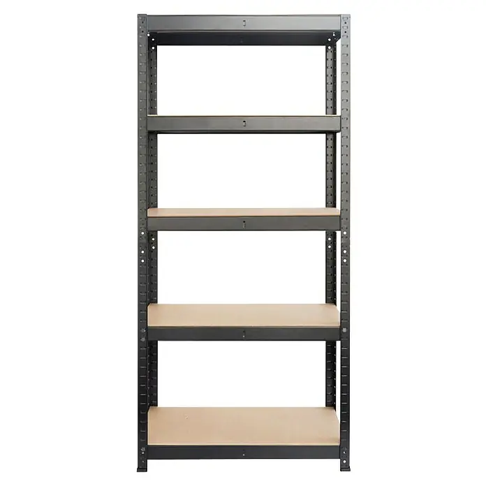 Floordirekt Schwerlastregal - H x B x T: 180 x 90 x 40 cm, Traglast pro Boden: 175 kg, Anzahl Böden: 5 Stk., Stecken, Schwarz - Ein Regal mit fünf Regalböden und einem robusten Metallrahmen für Lagerzwecke in Werkstatt oder Lager.