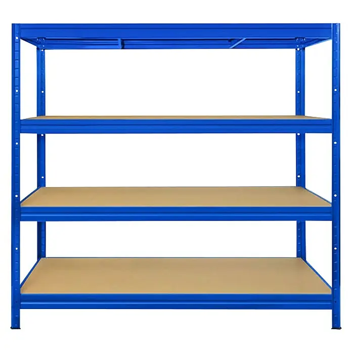 Floordirekt Schwerlastregal - H x B x T: 200 x 150 x 60 cm, Traglast pro Boden: 400 kg, Anzahl Böden: 4 Stk., Stecken, Blau - Regal mit vier Ebenen und blauen Metallrahmen zur Aufbewahrung von Gegenständen im Lager oder Keller.
