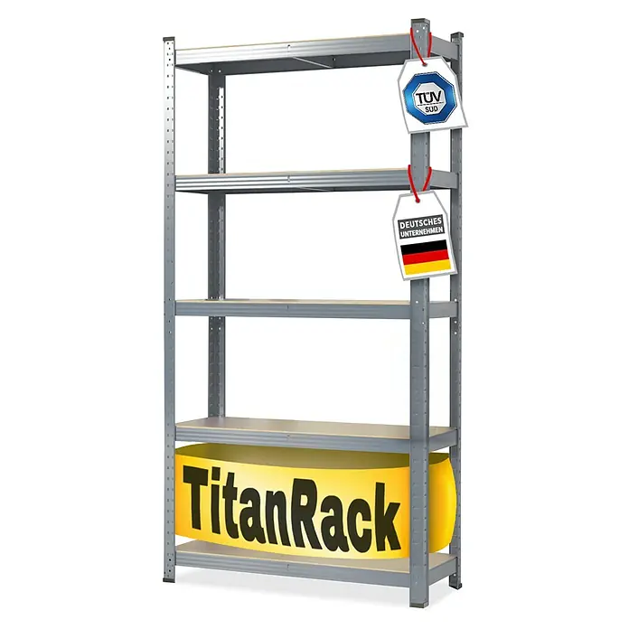 Floordirekt Schwerlastregal Titanrack - H x B x T: 220 x 90 x 45 cm, Traglast pro Boden: 175 kg, Anzahl Böden: 5 Stk., Stecken, Anthrazit - Ein graues TitanRack-Regal mit fünf Ebenen, das Stabilität und viel Stauraum bietet. Die Zertifizierungsanhänger weisen auf die hohe Qualität hin.