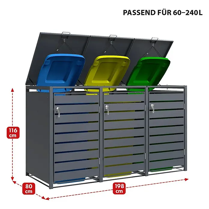 Floordirekt Mülltonnenbox Magnus - Stahl, Anthrazit, Geeignet für Anzahl Mülltonnen: 3 Stk. - Abfalltonnenbox für drei Mülltonnen mit je 60-240L Fassungsvermögen zur stilvollen Mülltrennung im Außenbereich.