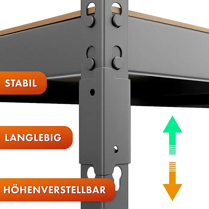 Floordirekt Schwerlastregal Rhino - H x B x T: 180 x 90 x 60 cm, Traglast pro Boden: 210 kg, Anzahl Böden: 5 Stk., Stecken, Anthrazit - Nahaufnahme eines robusten und langlebigen Regals mit höhenverstellbaren Regalböden.