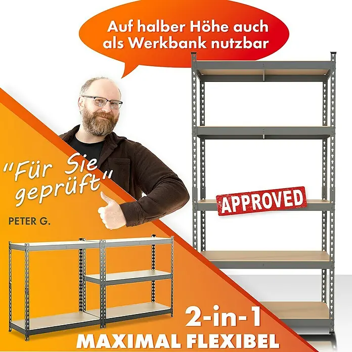 Floordirekt Schwerlastregal Rhino - H x B x T: 180 x 90 x 45 cm, Traglast pro Boden: 210 kg, Anzahl Böden: 5 Stk., Stecken, Anthrazit - Produktbild eines flexiblen 2-in-1 Regalsystems, das sowohl als Regal als auch als Werkbank genutzt werden kann, geprüft von Peter G.