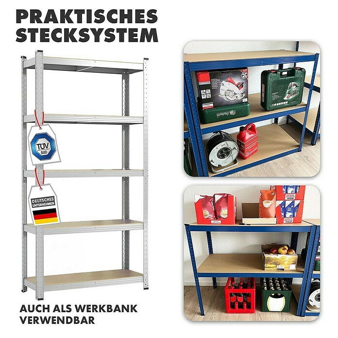 Floordirekt Schwerlastregal Set Lakota (H x B x T: 200 x 100 x 50 cm, 2 Stk., Traglast pro Boden: 175 kg, Anzahl Böden: 5 Stk., Stecken, Silber) | BAUHAUS