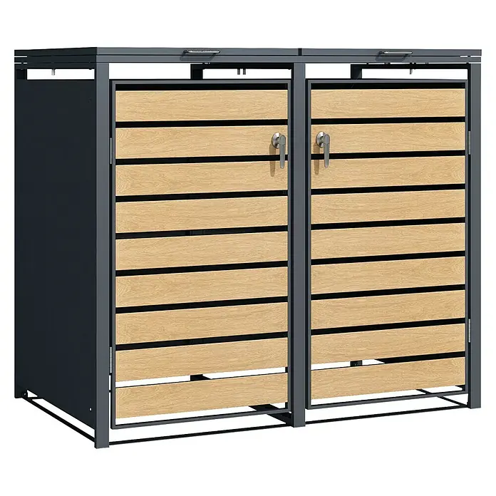 Floordirekt Mülltonnenbox Johan - Stahl, Anthrazit/Braun, Geeignet für Anzahl Mülltonnen: 2 Stk. - Doppelter Mülltonnenbox aus robustem Metall mit horizontalen Holzpaneelen. Eine stilvolle Aufbewahrungslösung für Abfallbehälter im Außenbereich.