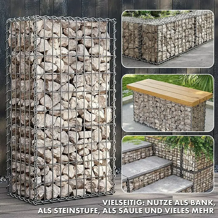 Floordirekt Gabione Lenox - 30 x 100 x 50 cm, Stahl, Maschenbreite: 10 cm, Maschenhöhe: 5 cm - Gabionen-Steinkorb zur vielseitigen Gartengestaltung. Nutzen Sie ihn als Bank, Steinstufe, Säule oder dekoratives Element.