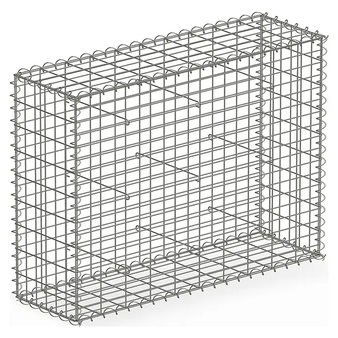 Floordirekt Gabione Lenox - 30 x 100 x 90 cm, Stahl, Maschenbreite: 10 cm, Maschenhöhe: 5 cm - Abbildung eines Gabionenkorbs, ein Drahtgeflechtbehälter für Steine, typisch für den Garten- und Landschaftsbau.