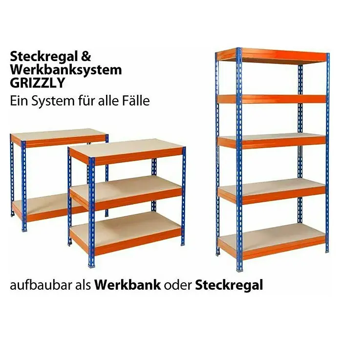 Floordirekt Schwerlastregal - H x B x T: 200 x 150 x 60 cm, Traglast pro Boden: 400 kg, Anzahl Böden: 4 Stk., Stecken, Blau/Orange - Steckregal & Werkbanksystem GRIZZLY. Ein System für alle Fälle. Aufbau als Werkbank oder Steckregal.