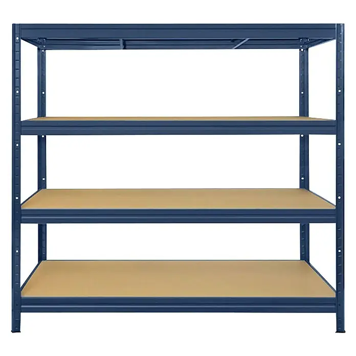 Floordirekt Schwerlastregal - H x B x T: 177 x 200 x 60 cm, Traglast pro Boden: 400 kg, Anzahl Böden: 4 Stk., Stecken, Grau - Regal mit vier Ebenen und blauem Metallrahmen, ideal für die Lagerung von Gegenständen in Werkstatt oder Garage.