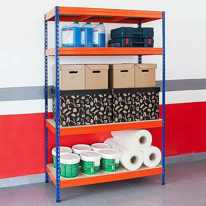 Floordirekt Schwerlastregal (H x B x T: 200 x 150 x 60 cm, Traglast pro Boden: 400 kg, Anzahl Böden: 4 Stk., Stecken, Blau/Orange) | BAUHAUS