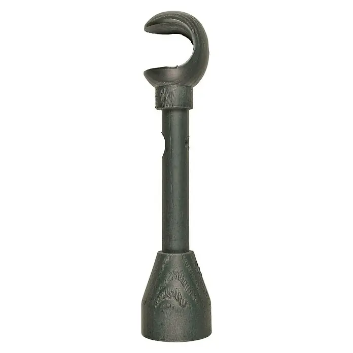 Soporte de pared Ideas Wood - L x An x Al: 23 x 5,1 x 5,1 cm, Diámetro: 28 mm, Madera, Fume - Primer plano de un objeto gris oscuro con un extremo en forma de gancho y una base cónica, sobre un fondo blanco.