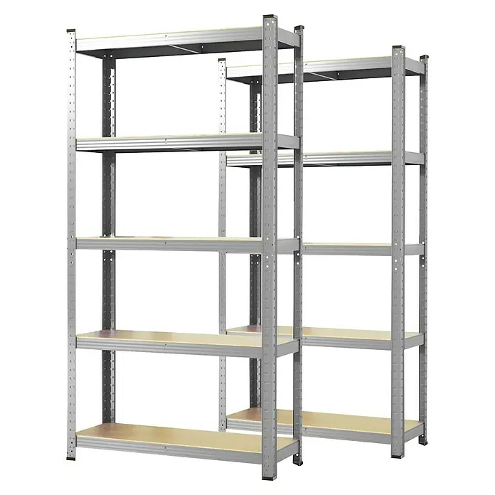 Floordirekt Schwerlastregal Set Lakota - H x B x T: 200 x 100 x 50 cm, 2 Stk., Traglast pro Boden: 175 kg, Anzahl Böden: 5 Stk., Stecken, Silber - Ein robustes, graues Metallregal mit mehreren Holzböden für Lagerung und Organisation. Ideal für Garage, Keller oder Lagerraum.