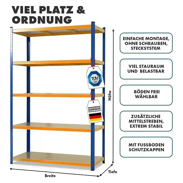 Floordirekt Schwerlastregal Titanrack - H x B x T: 220 x 90 x 60 cm, Traglast pro Boden: 175 kg, Anzahl Böden: 5 Stk., Stecken, Blau/Orange - Abbildung eines blauen und orangefarbenen Lagerregals mit fünf Ablagen, das viel Platz und Ordnung bietet.