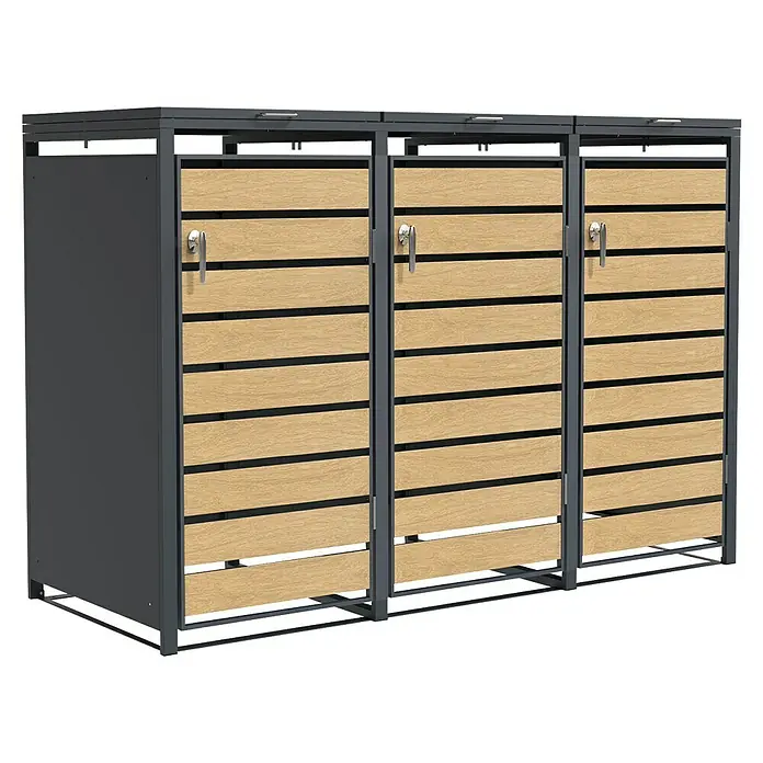 Floordirekt Mülltonnenbox Johan - Stahl, Anthrazit/Braun, Geeignet für Anzahl Mülltonnen: 3 Stk. - Abfallcontainer mit Holzverkleidung. Dieser hochwertige Mülltonnenbox ist eine stilvolle Ergänzung für jeden Außenbereich und hält Mülltonnen versteckt.