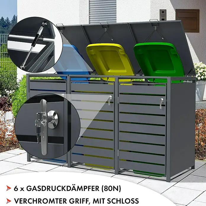 Floordirekt Mülltonnenbox Magnus - Stahl, Anthrazit, Geeignet für Anzahl Mülltonnen: 3 Stk. - Mülltonnenbox mit drei Fächern. Die Box hat Gasdruckdämpfer und einen verchromten Griff mit Schloss für zusätzlichen Komfort und Sicherheit.