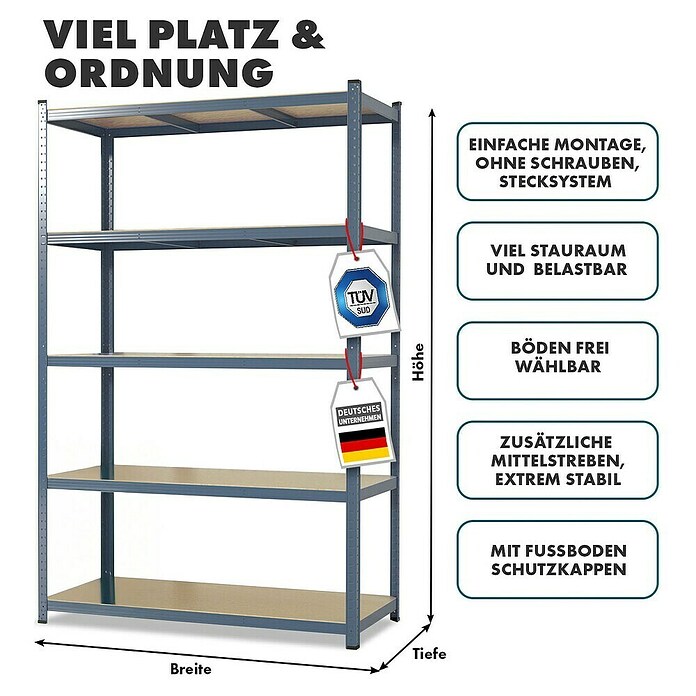 Floordirekt Schwerlastregal Set Lakota (H x B x T: 200 x 120 x 60 cm, 2 Stk., Traglast pro Boden: 175 kg, Anzahl Böden: 5 Stk., Stecken, Grau) | BAUHAUS