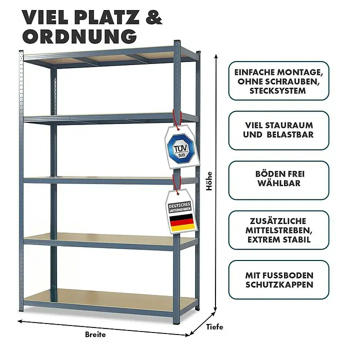 Floordirekt Schwerlastregal Titanrack - H x B x T: 220 x 90 x 45 cm, Traglast pro Boden: 175 kg, Anzahl Böden: 5 Stk., Stecken, Anthrazit - Abbildung eines grauen Schwerlastregals mit fünf Regalböden, das viel Platz und Ordnung bietet und einfach zu montieren ist.