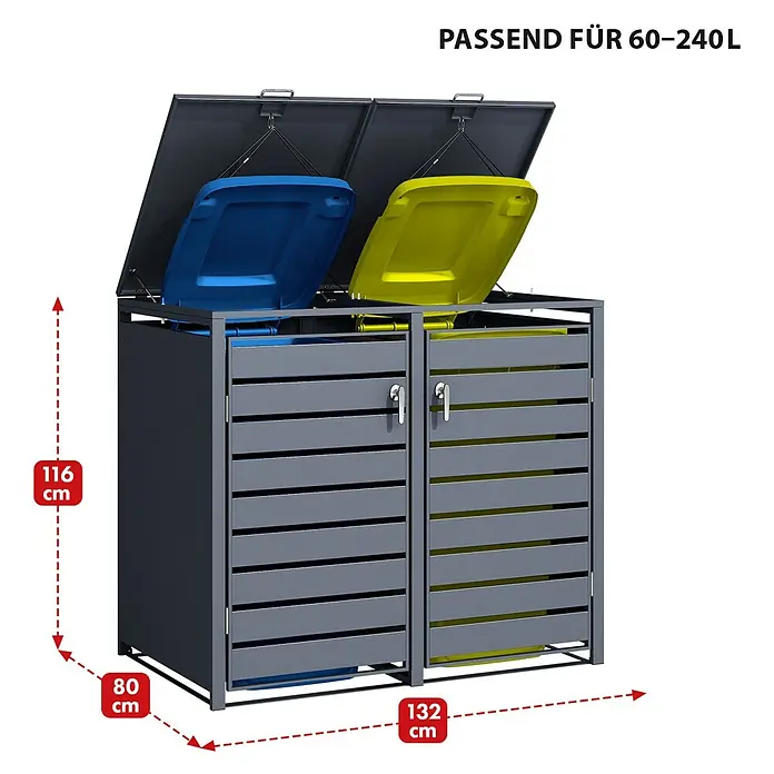 Floordirekt Mülltonnenbox Magnus - Stahl, Anthrazit, Geeignet für Anzahl Mülltonnen: 2 Stk. - Produktabbildung einer grauen Mülltonnenbox für 60-240 Liter Mülltonnen mit den Maßen 116x80x132 cm.