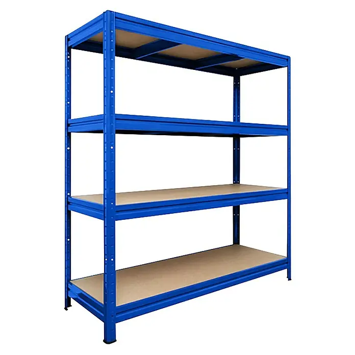 Floordirekt Schwerlastregal - H x B x T: 200 x 150 x 60 cm, Traglast pro Boden: 400 kg, Anzahl Böden: 4 Stk., Stecken, Blau - Ein blaues Regal mit vier Fächern und hellbraunen Regalböden zur Aufbewahrung.