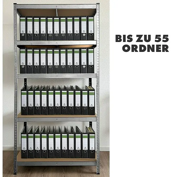 Floordirekt Schwerlastregal Set Lakota - H x B x T: 200 x 100 x 50 cm, 2 Stk., Traglast pro Boden: 175 kg, Anzahl Böden: 5 Stk., Stecken, Silber - Ein Regal mit vier Ebenen, gefüllt mit schwarzen Aktenordnern mit grünen und weißen Etiketten.