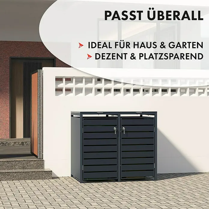 Floordirekt Mülltonnenbox Magnus - Stahl, Anthrazit, Geeignet für Anzahl Mülltonnen: 2 Stk. - Die stilvolle Doppel-Mülltonnenbox bietet eine ideale Lösung für Haus und Garten. Sie ist dezent, platzsparend und passt optisch überall hin.
