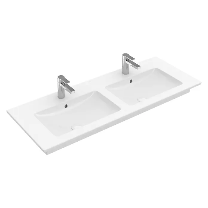 Villeroy & Boch Venticello Doppelwaschtisch - 130 x 50 cm, Ohne Spezialglasur, Mit Überlauf, Anzahl Überlauflöcher: 2, Weiß - Doppelwaschtisch aus weißer Keramik mit zwei Armaturen. Das Waschbecken hat ein modernes, schlichtes Design mit klaren Linien.