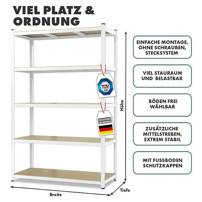 Floordirekt Schwerlastregal Titanrack (H x B x T: 180 x 90 x 60 cm, Traglast pro Boden: 175 kg, Anzahl Böden: 5 Stk., Stecken, Weiß) | BAUHAUS