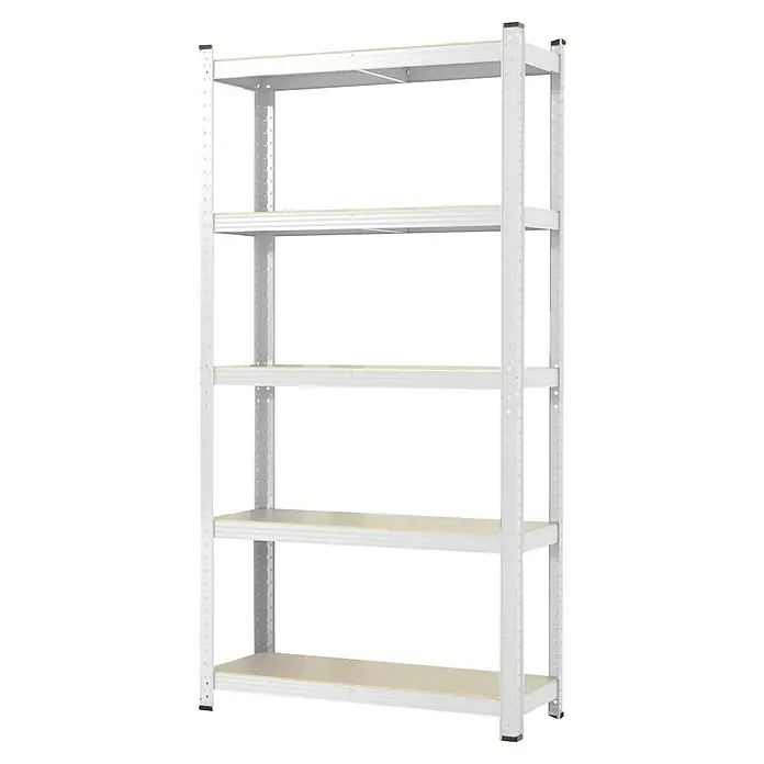 Floordirekt Schwerlastregal Titanrack - H x B x T: 220 x 90 x 45 cm, Traglast pro Boden: 175 kg, Anzahl Böden: 5 Stk., Stecken, Weiß - Ein Regal mit fünf Regalböden und einem weißen Metallrahmen zur Aufbewahrung verschiedener Gegenstände.