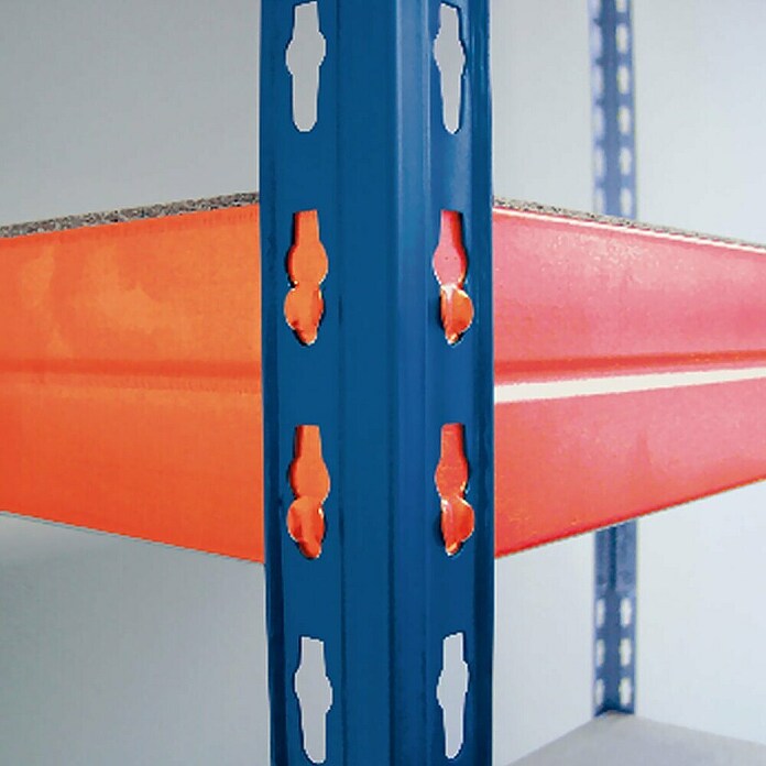 Floordirekt Schwerlastregal (H x B x T: 200 x 150 x 60 cm, Traglast pro Boden: 400 kg, Anzahl Böden: 4 Stk., Stecken, Blau/Orange) | BAUHAUS